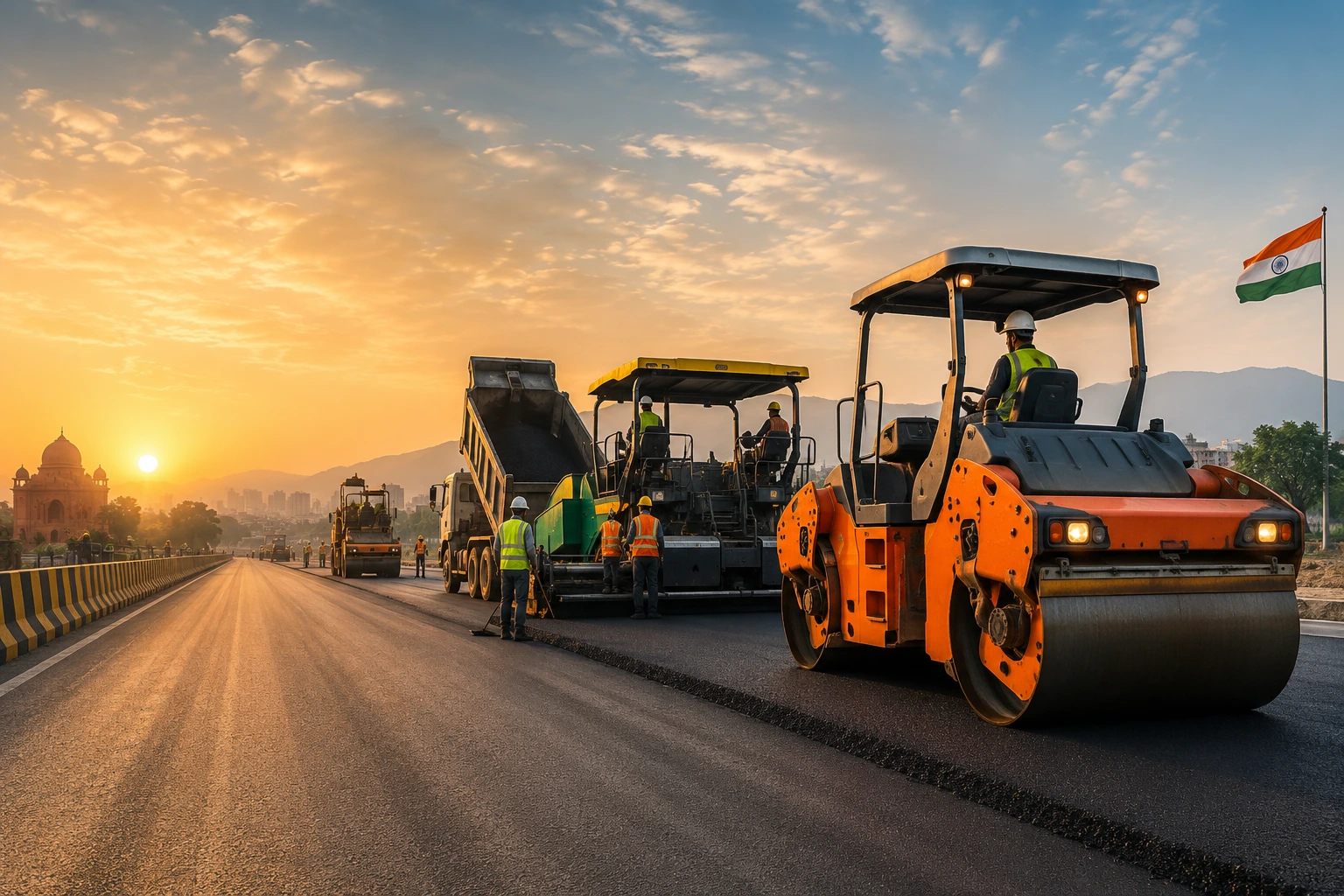 Khevna Infrastructure highway construction at sunrise with road roller and Indian flag