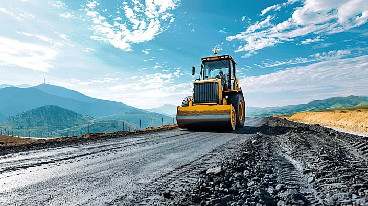 Road roller compacting a new highway
